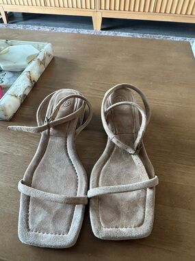 Massimo Dutti Tan Suede Square-Toe Strappy Sandals